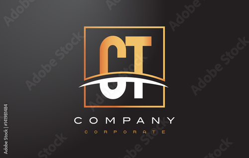 CT C T Golden Letter Logo Design with Gold Square and Swoosh.