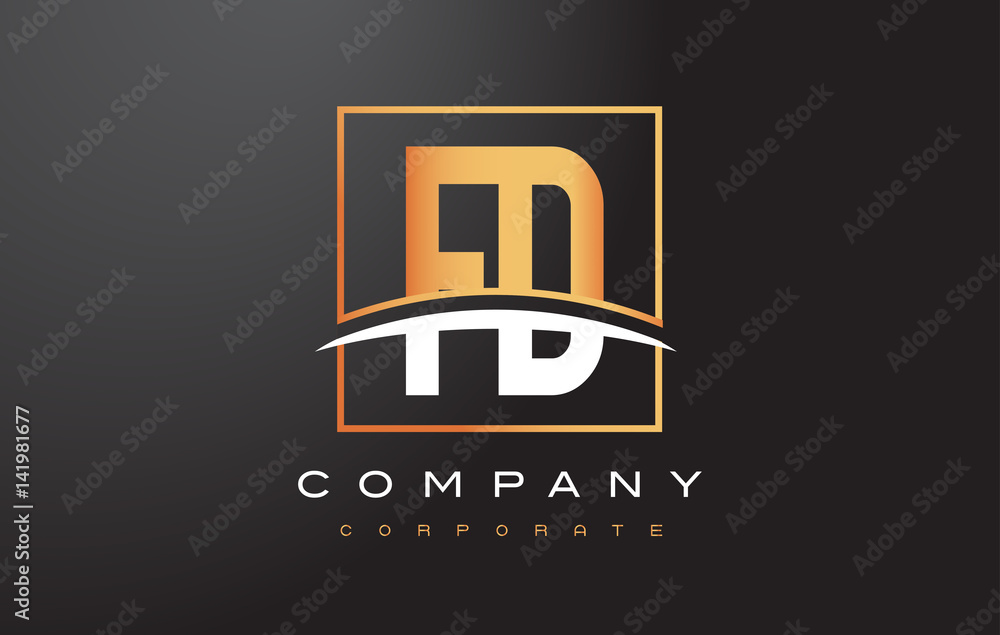 Naklejka premium FD F D Golden Letter Logo Design with Gold Square and Swoosh.