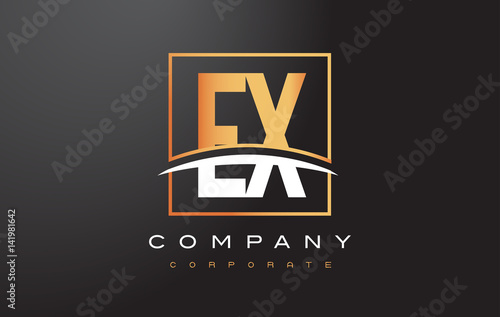 EX E X Golden Letter Logo Design with Gold Square and Swoosh.