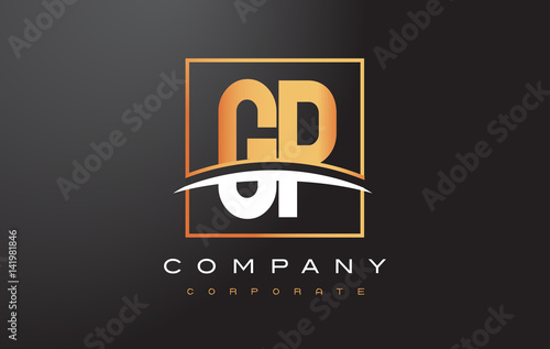 GP G P Golden Letter Logo Design with Gold Square and Swoosh.