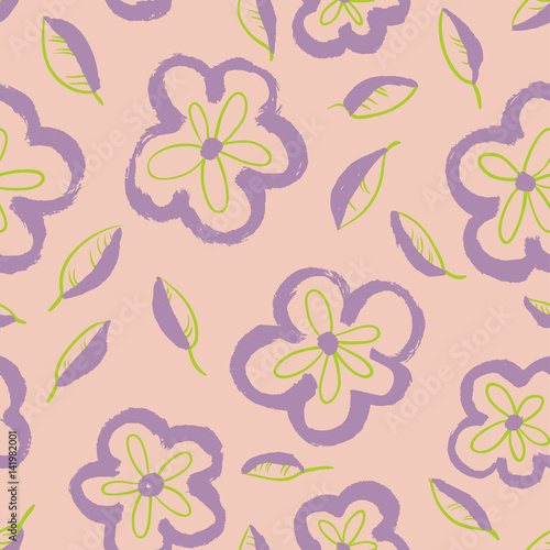 Summer seamless pattern with leaves and flowers in sketchy style. Vector ink artistic background