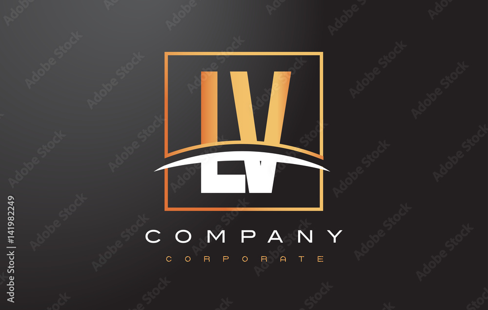 L V Golden Letter Logo Design with Gold Square and Swoosh. Stock Vector