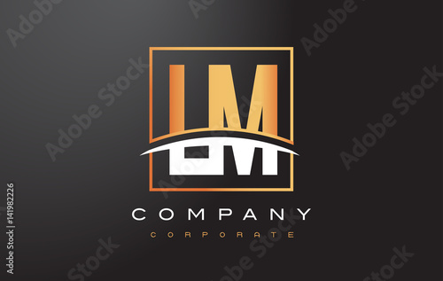 LM L M Golden Letter Logo Design with Gold Square and Swoosh.
