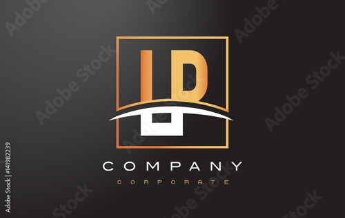 LP L P Golden Letter Logo Design with Gold Square and Swoosh.