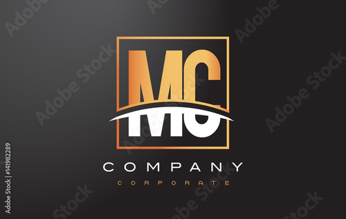 MC M C Golden Letter Logo Design with Gold Square and Swoosh.