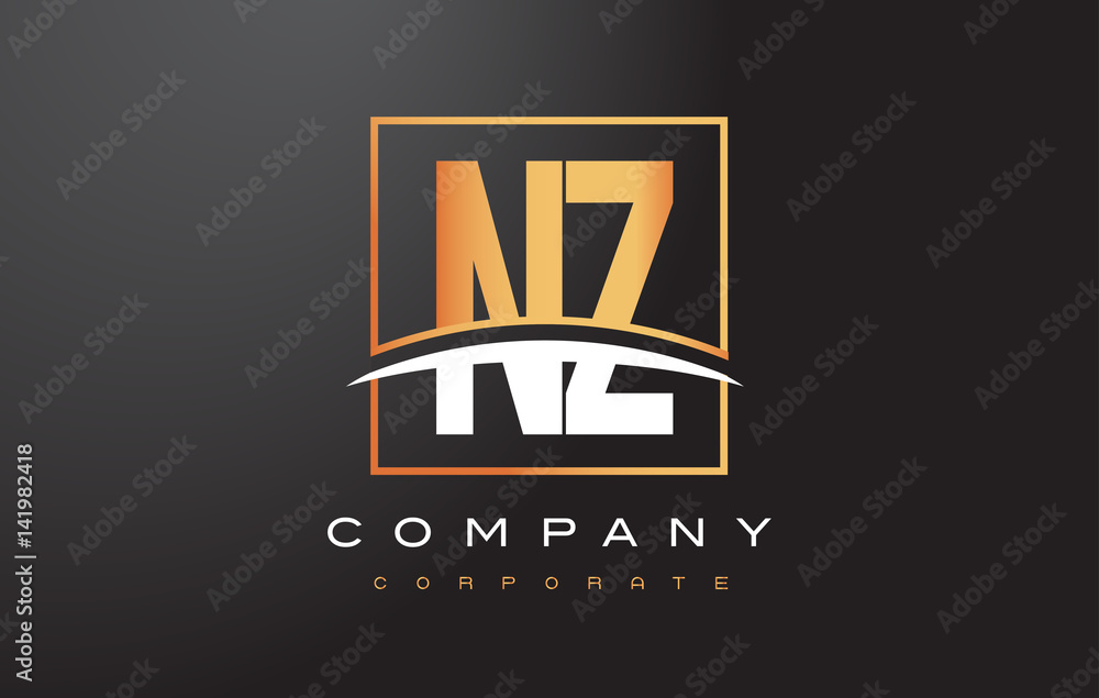 NZ N Z Golden Letter Logo Design with Gold Square and Swoosh. Stock