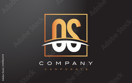 OS O S Golden Letter Logo Design with Gold Square and Swoosh.