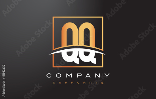 QQ Q Q Golden Letter Logo Design with Gold Square and Swoosh.