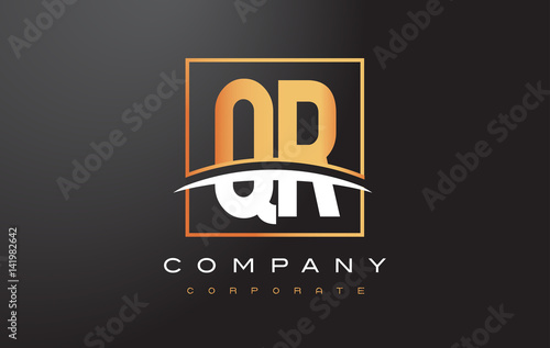 QR Q R Golden Letter Logo Design with Gold Square and Swoosh.