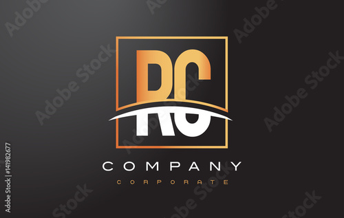 RC R C Golden Letter Logo Design with Gold Square and Swoosh.