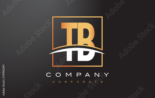 TB T B Golden Letter Logo Design with Gold Square and Swoosh.