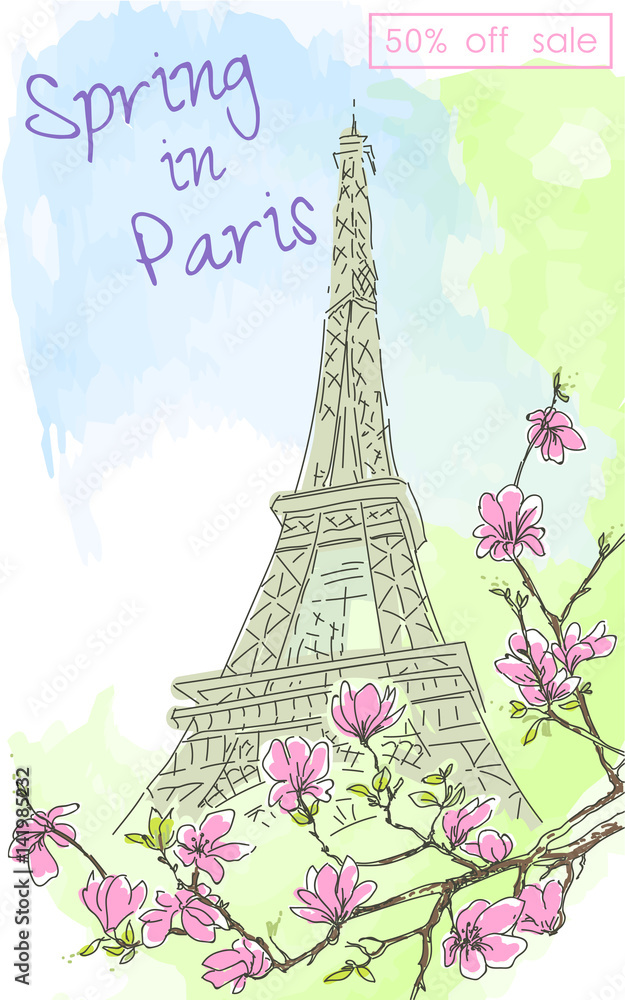 Vintage postcard with a view of the Eiffel tower and blossoming cherry. Color watercolor. Spring discounts.