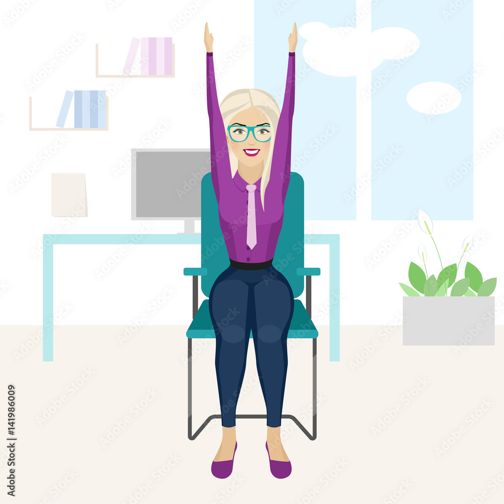 Pretty blonde woman is doing exercise on the office chair. Pretty blonde woman is doing exercise on the office chair.