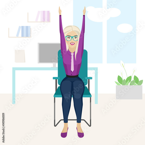 Pretty blonde woman is doing exercise on the office chair.