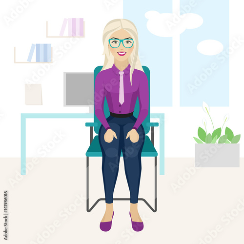 Pretty blonde woman is doing exercise on the office chair.