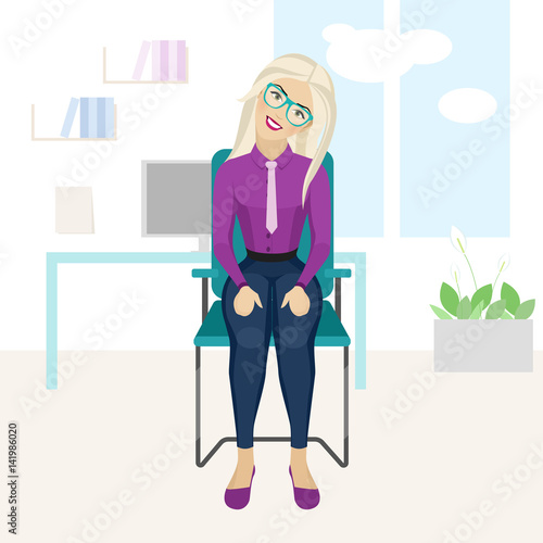 Pretty blonde woman is doing exercise on the office chair.