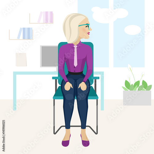 Pretty blonde woman is doing exercise on the office chair.