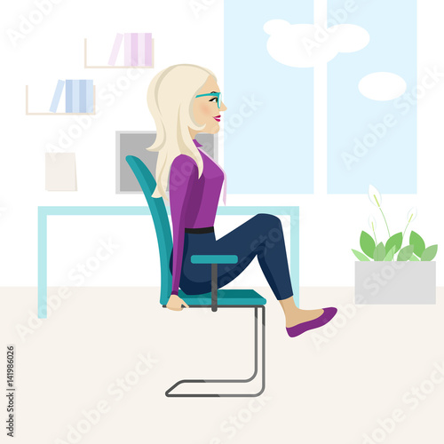 Pretty blonde woman is doing exercise on the office chair.