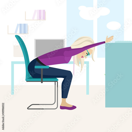Pretty blonde woman is doing exercise on the office chair.