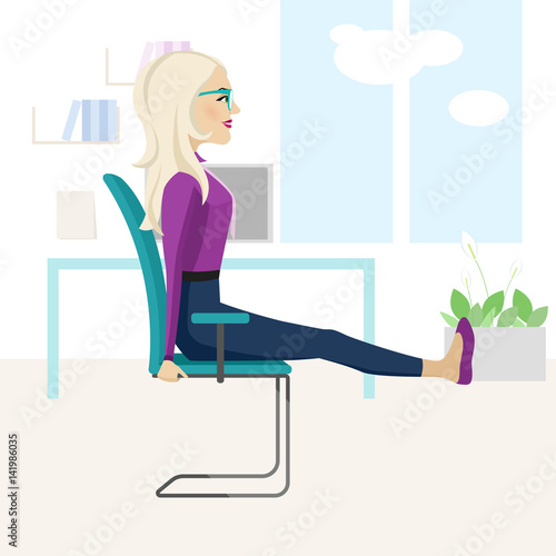 Pretty blonde woman is doing exercise on the office chair.