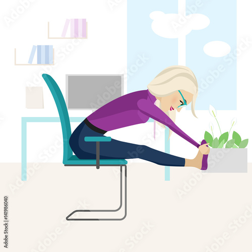 Pretty blonde woman is doing exercise on the office chair.