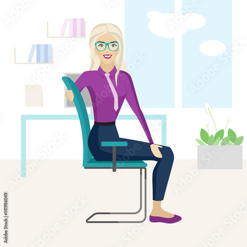 Pretty blonde woman is doing exercise on the office chair.