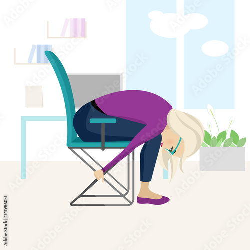 Pretty blonde woman is doing exercise on the office chair.