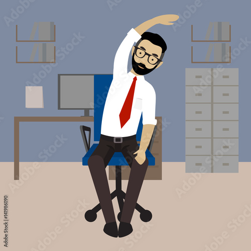 Man in business clothes is doing exercises for back on the office chair.