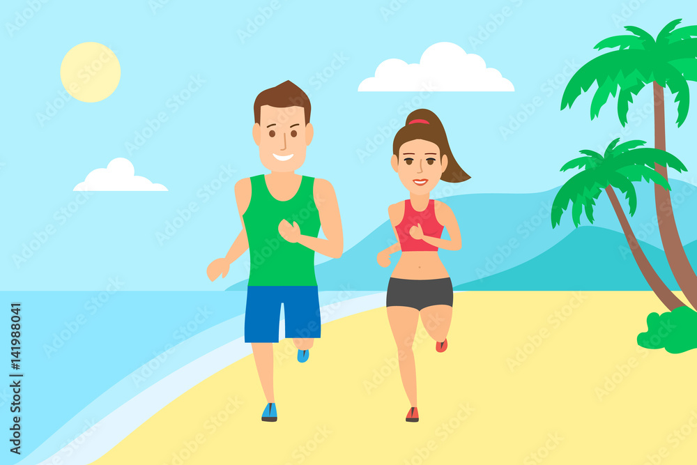sport couple man and woman running on the beach sport couple man and woman running on the beach
