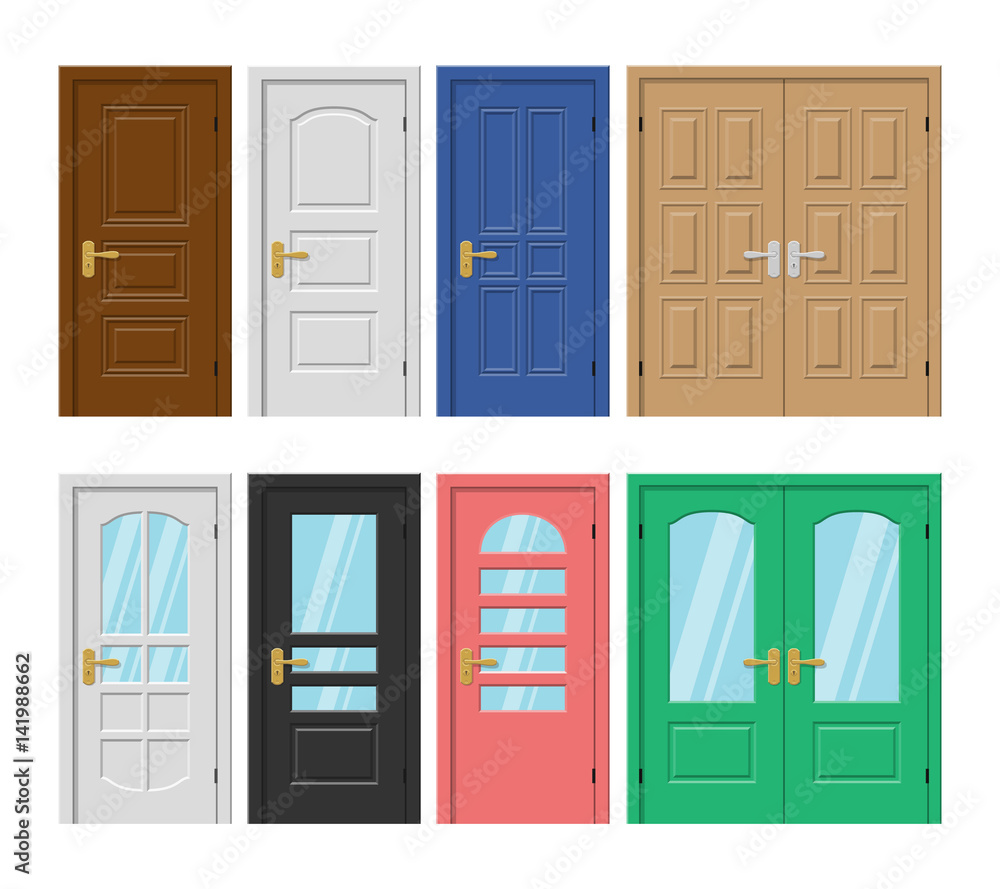 Naklejka premium colored wooden and plastic doors set on white background