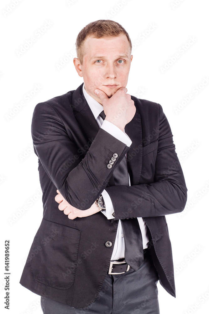 young business man with suspicious emotion. human emotion expression and lifestyle concept. image on a white studio background. young business man with suspicious emotion. human emotion expression and lifestyle concept. image on a white studio background.