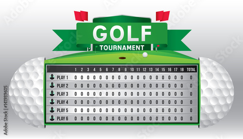 Vector of golf tournament with scoreboard and green golf field background.