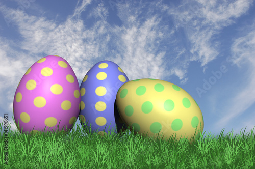 3D. Three speckled easter eggs
