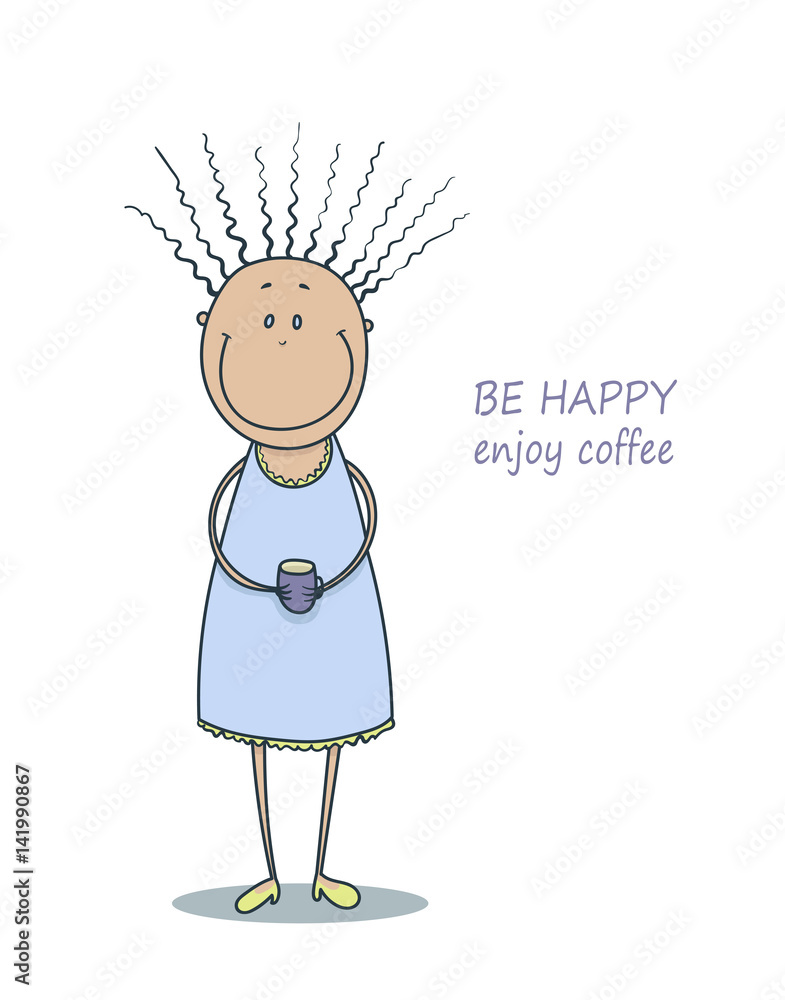 Funny cute smiling girl in a blue dress with curly hair and with a cup of coffe in her hands Funny cute smiling girl in a blue dress with curly hair and with a cup of coffe in her hands