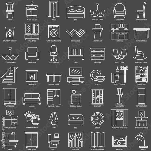 Room furniture linear icons set