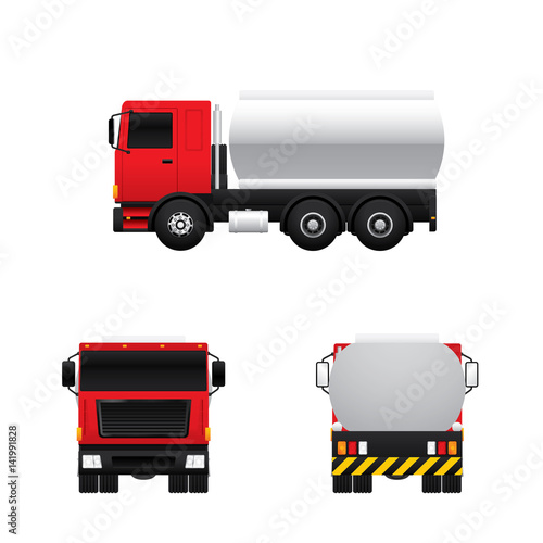 Vector of tank truck in different views isolated on white background.