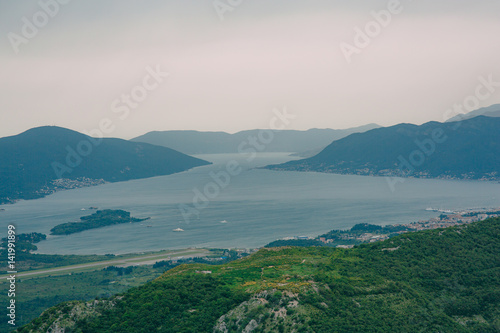 View of the mountain Lovcen Tivat. Tivat Airport. Lustica Peninsula. Montenegrin coast.