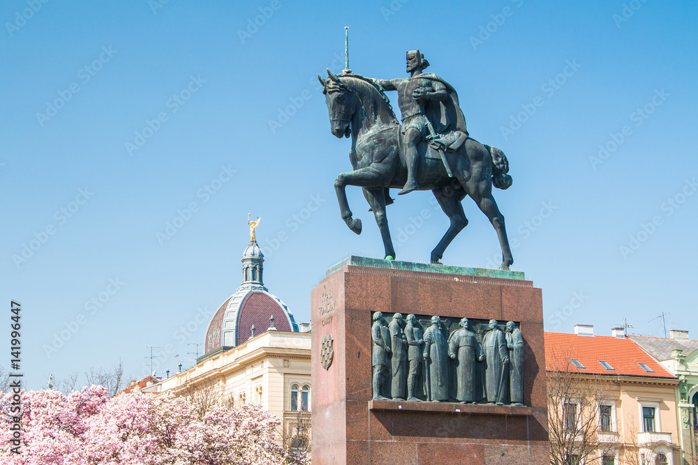 King Tomislav statue and rooftops in Zagreb, Croatia, in spring King Tomislav statue and rooftops in Zagreb, Croatia, in spring