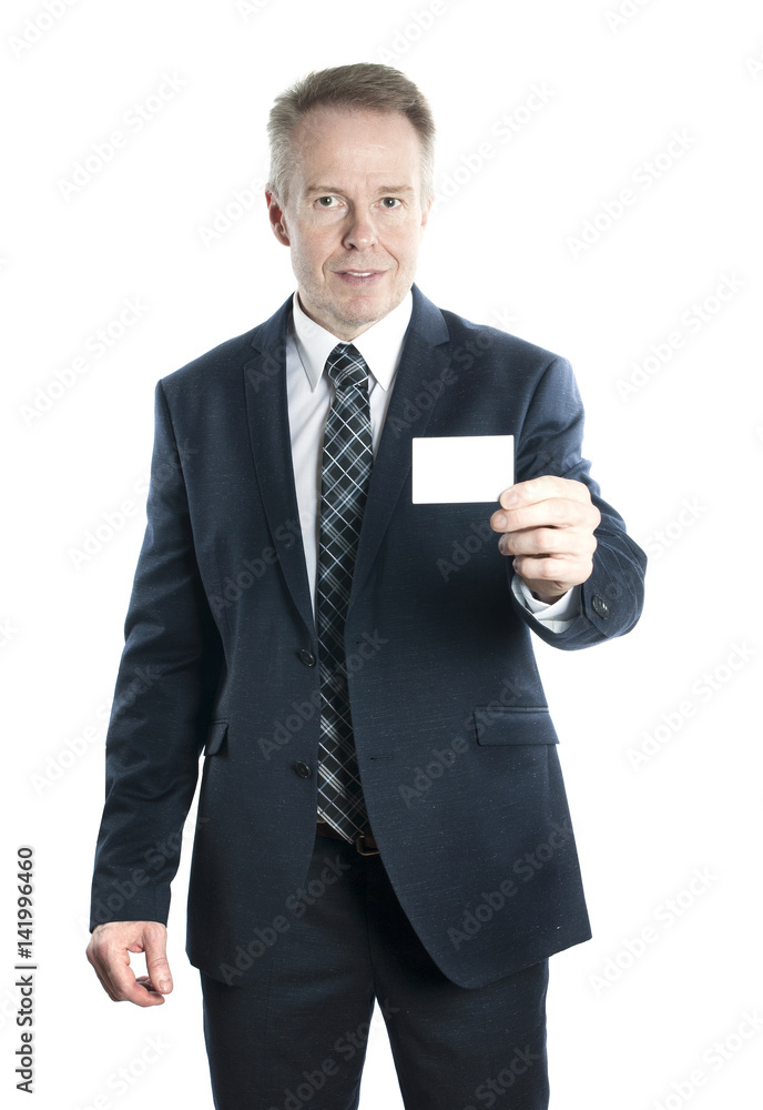 Businessman showing his business card. Isolated on white background Businessman showing his business card. Isolated on white background
