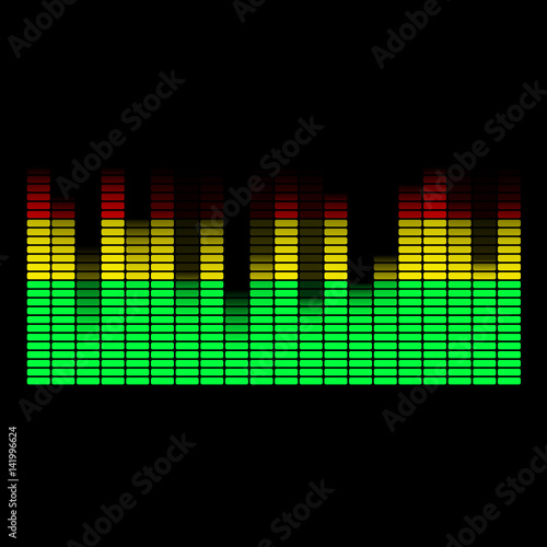 Equalizer from green, yellow and red rectangles on black background of vector illustration