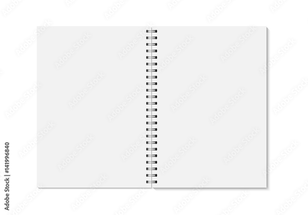 Vector realistic opened notebook. Vertical blank copybook with metallic silver spiral. Template (mock up) of organizer or diary isolated. - obrazy, fototapety, plakaty 