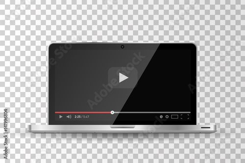 Realistic modern laptop isolated. Video player template. Vector illustration