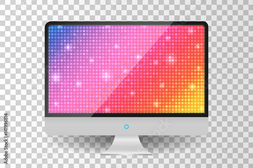 Realistic metallic modern TV monitor isolated. Glamour rainbow shining rounds background. Vector illustration