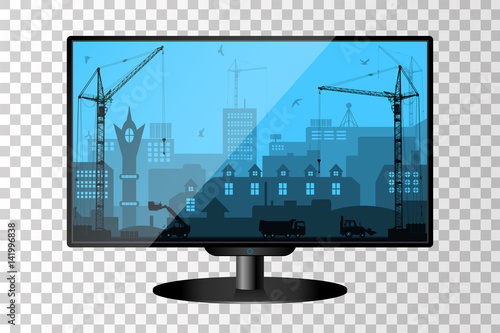 Realistic modern TV monitor isolated. City under construction background. Vector illustration