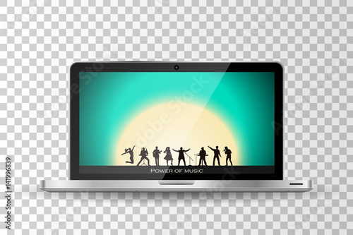 Realistic modern laptop isolated. Band show on sunset background. Vector illustration