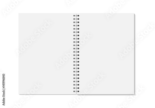Vector realistic opened notebook. Vertical blank copybook with metallic silver spiral. Template (mock up) of organizer or diary isolated.