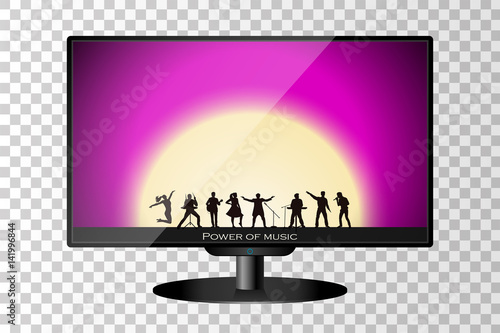 Realistic modern TV monitor isolated. Band show on sunset background. Vector illustration
