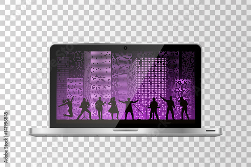 Realistic modern laptop isolated. Band show on night city background. Vector illustration