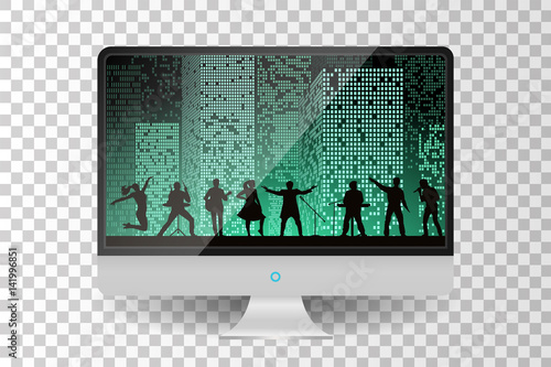 Realistic metallic modern TV monitor isolated. Band show on night city background. Vector illustration