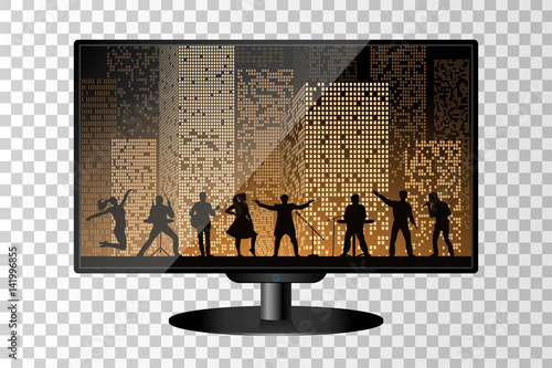 Realistic modern TV monitor isolated. Band show on night city background. Vector illustration